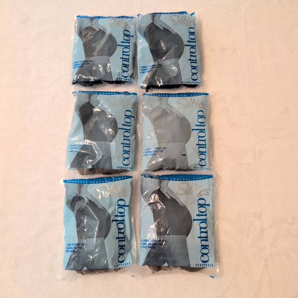 Silkies NewInPackage Vtg 90s Lot (6) ControlTop Pantyhose Women's L Navy/Beige